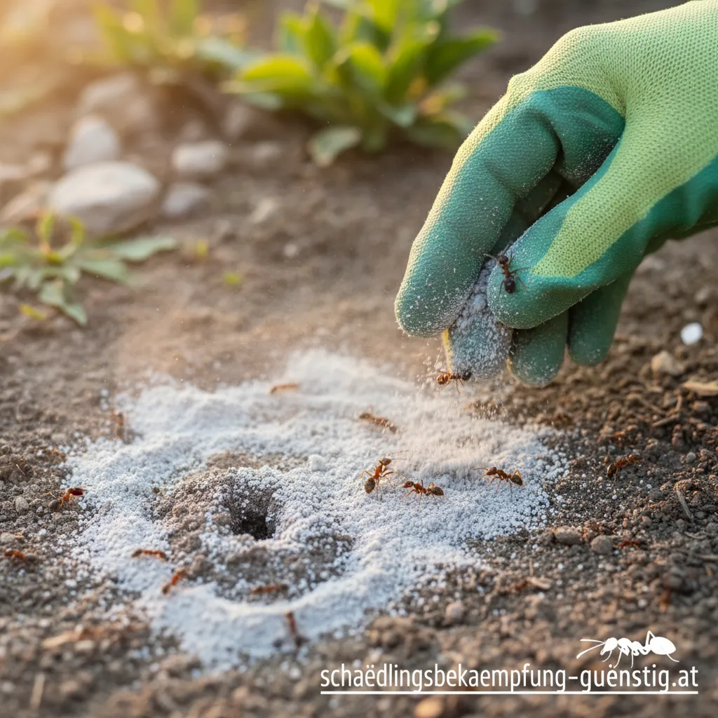 Hand streut Bentonit-Pulver auf eine Ameisenstraße im Garten