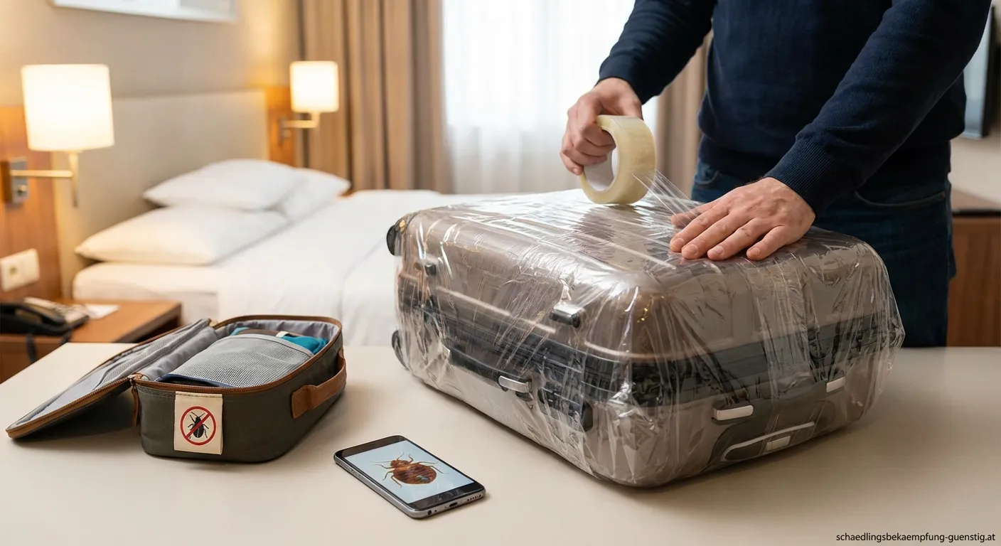 Ein Koffer, der in eine Schutzhülle eingepackt ist, um Bettwanzen fernzuhalten