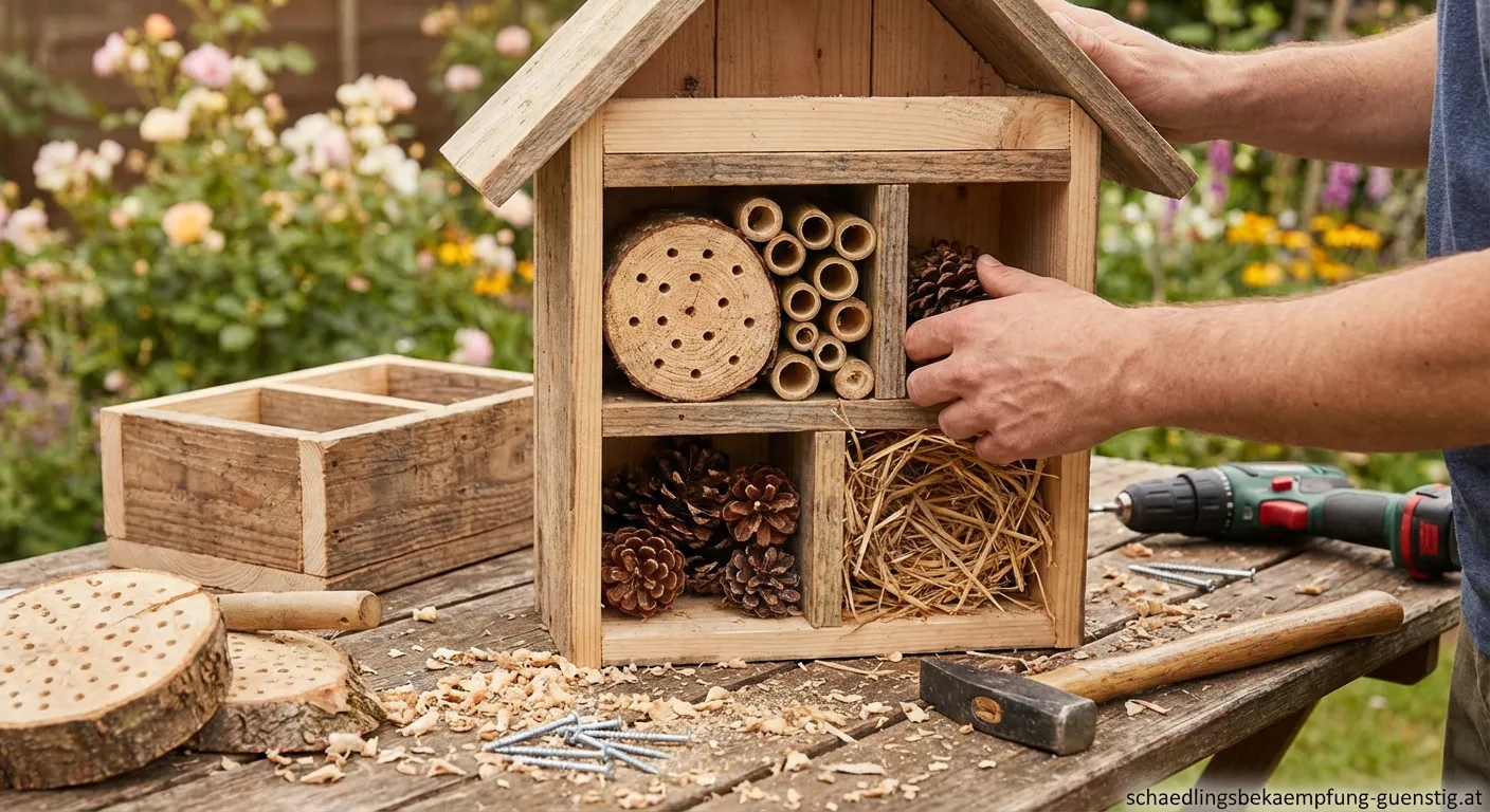 Selbstgebautes Bienenhotel mit Bambusröhren und Hartholz im Garten