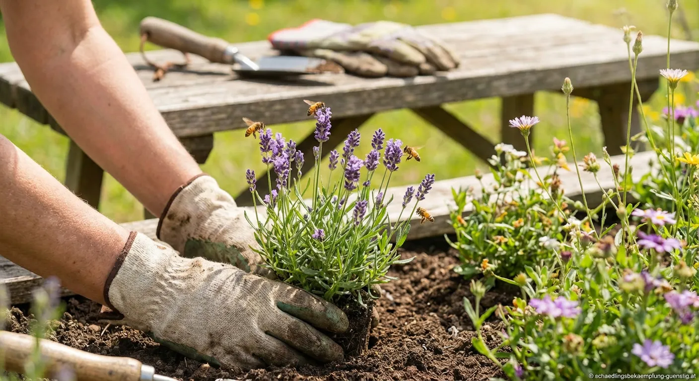 Bienen beim Besuch von blühenden Lavenderblüten im Garten