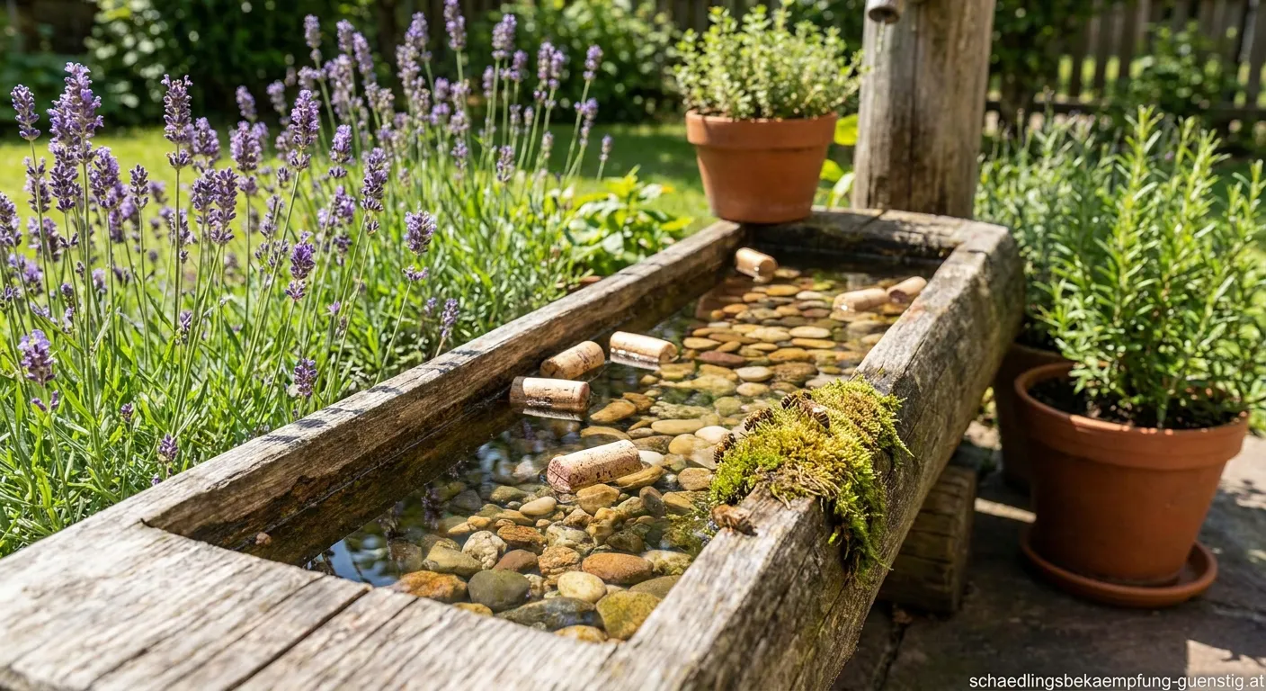 Bienen trinken an einer flachen Wasserschale mit Steinen und Moos