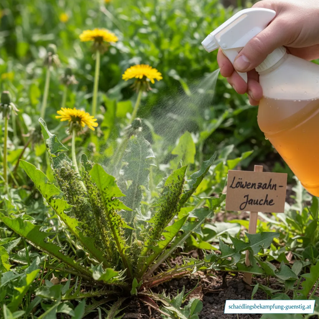 Nahaufnahme von Blattläusen auf einem Löwenzahnblatt neben fertiger Jauche
