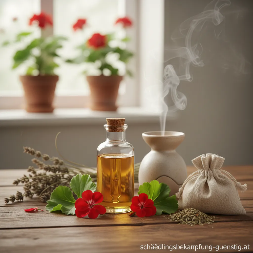 Eine Flasche mit Geranienöl steht neben einer blühenden Geranie.