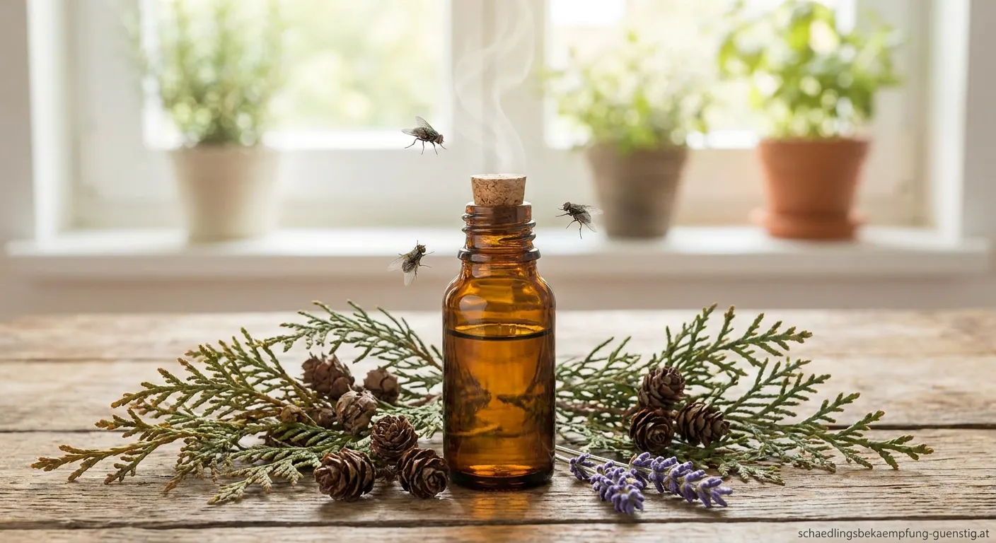 Flasche mit ätherischem Zypressenöl gegen Fliegen auf Holzoberfläche