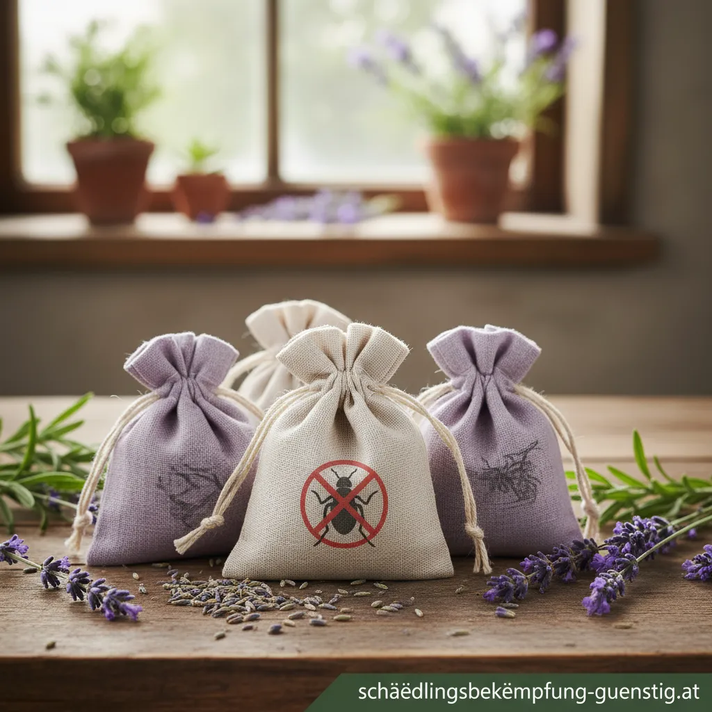 Handgefertigte Flöhe Lavendel Säckchen neben getrockneten Lavendelblüten