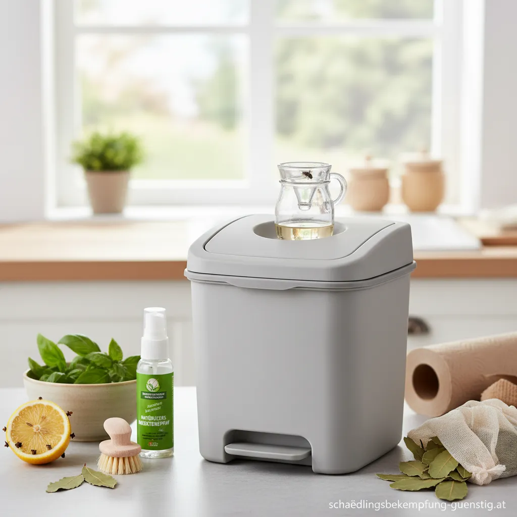 Eine offene Biotonne, umschwärmt von zahlreichen Fruchtfliegen.