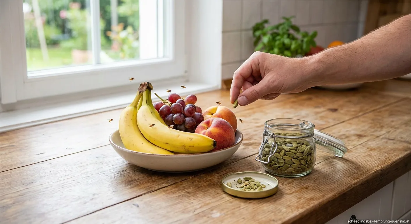 Grüne Kardamom Kapseln gegen Fruchtfliegen in einer Holzschale