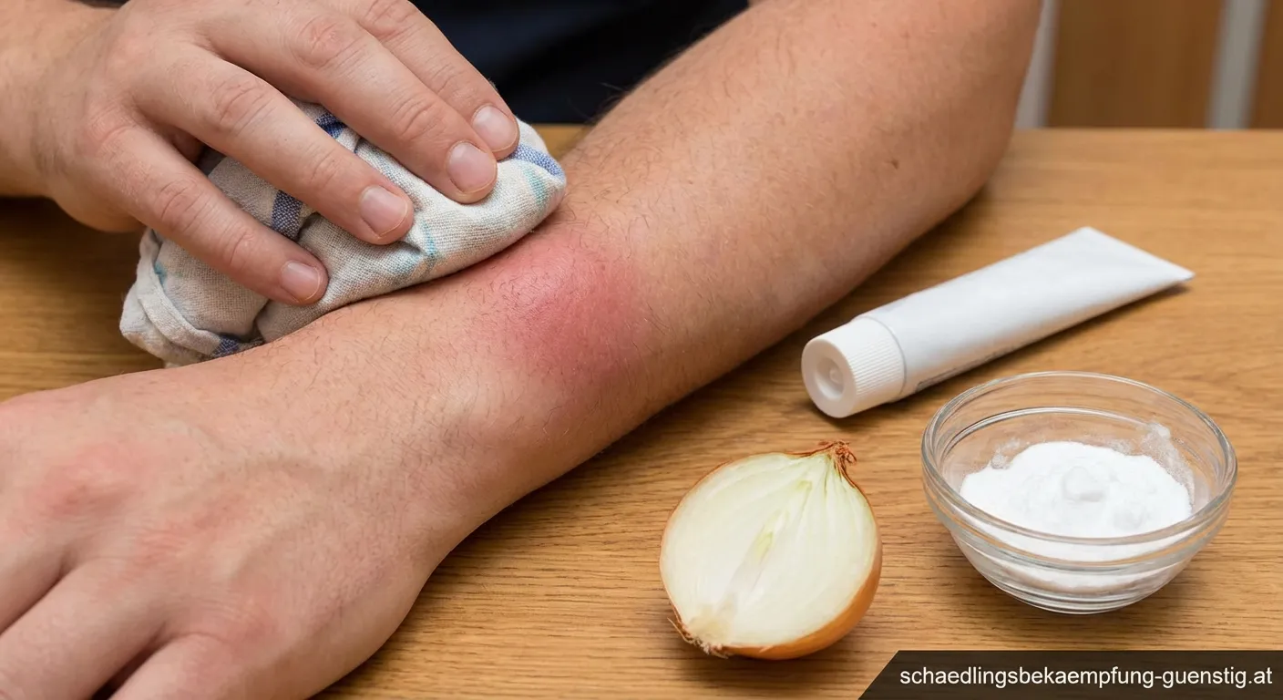 Person behandelt einen Insektenstich am Arm mit einem Kühlpack
