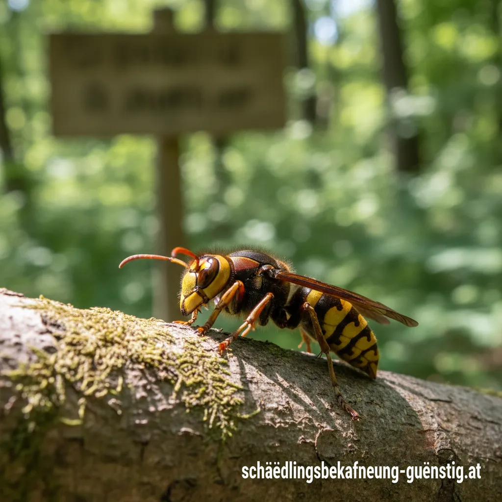 Eine Hornisse sitzt auf einem Ast in der Nähe ihres Nestes.