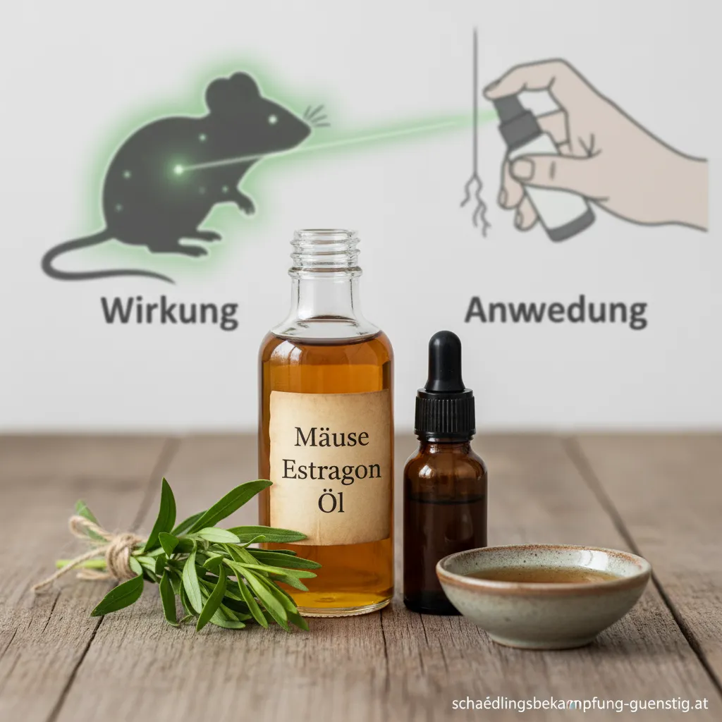Eine Flasche Mäuse Estragon Öl neben frischen Estragonzweigen