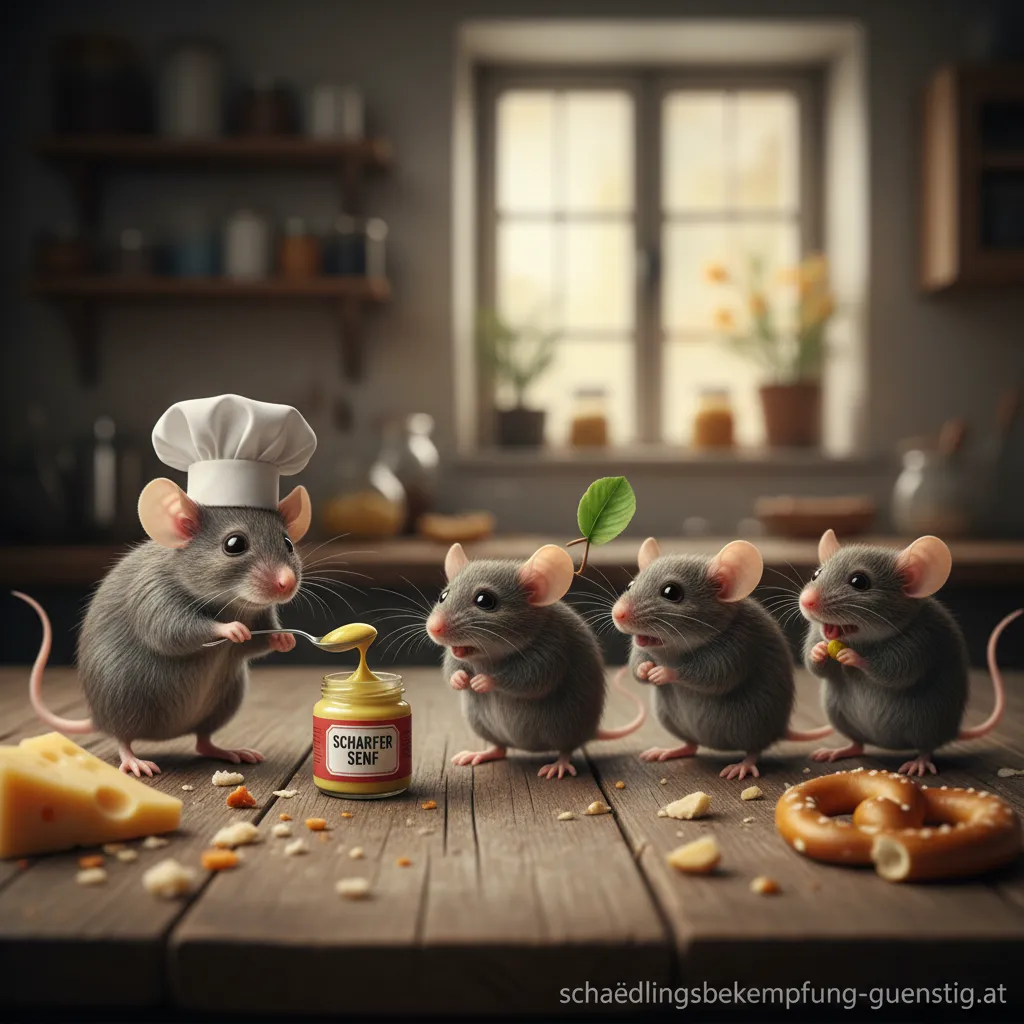 Eine Maus inspiziert eine Senfspur auf dem Boden