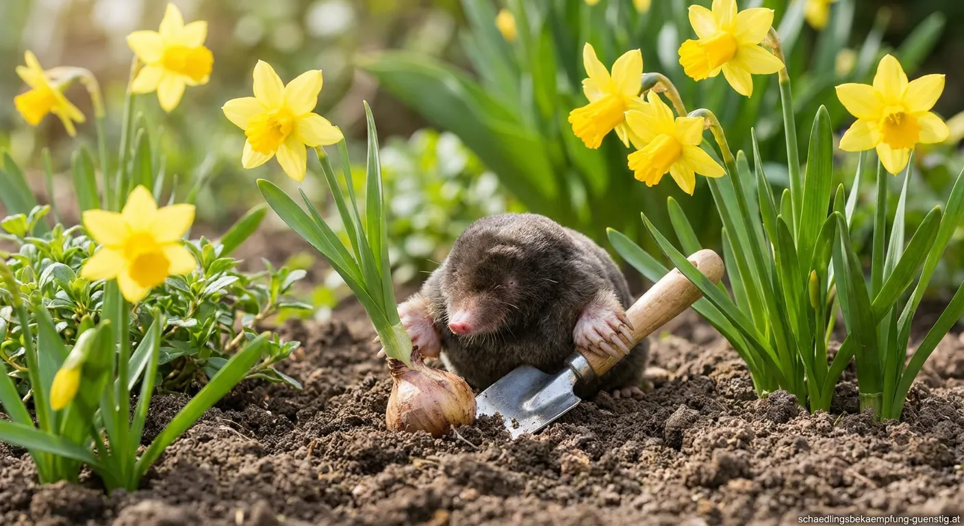 Gelbe Narzissen blühen im Frühlingsgarten als natürlicher Maulwurfschutz