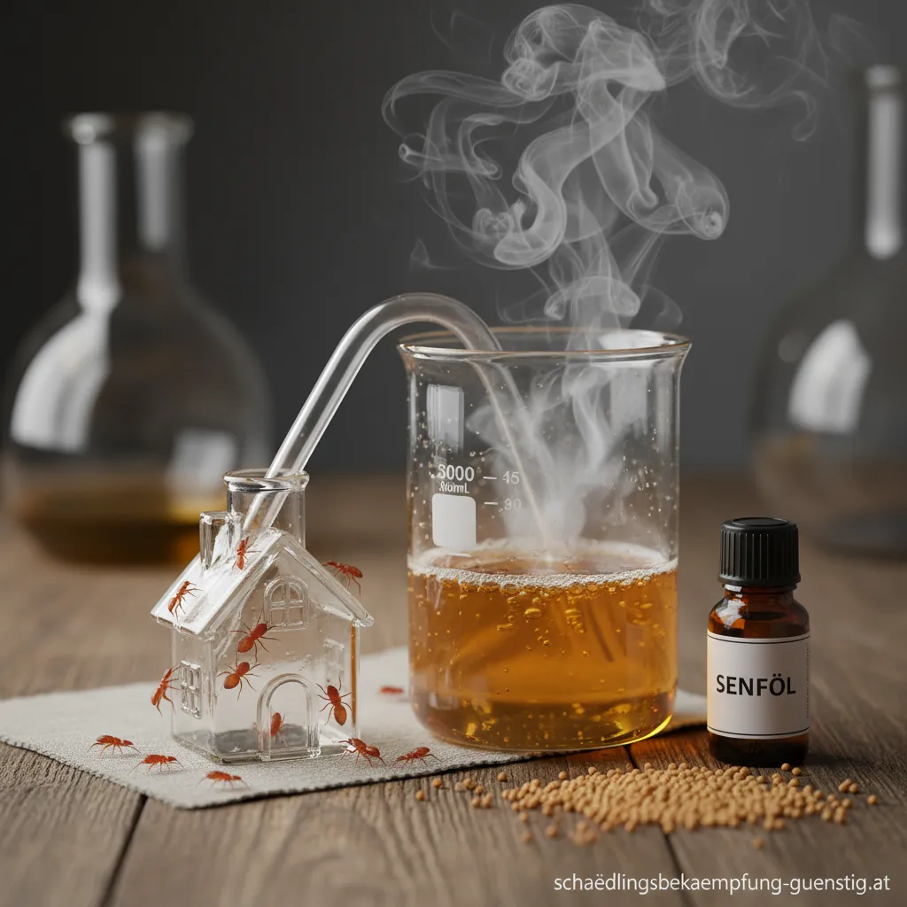 Eine Schale Senföl neben einer Duftlampe zur Verdampfung gegen Milben.