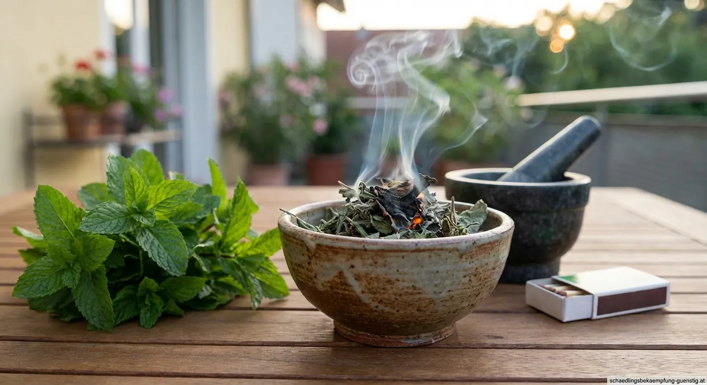 Getrocknete Pfefferminze wird in einer Schale verbrannt, um Mücken zu vertreiben