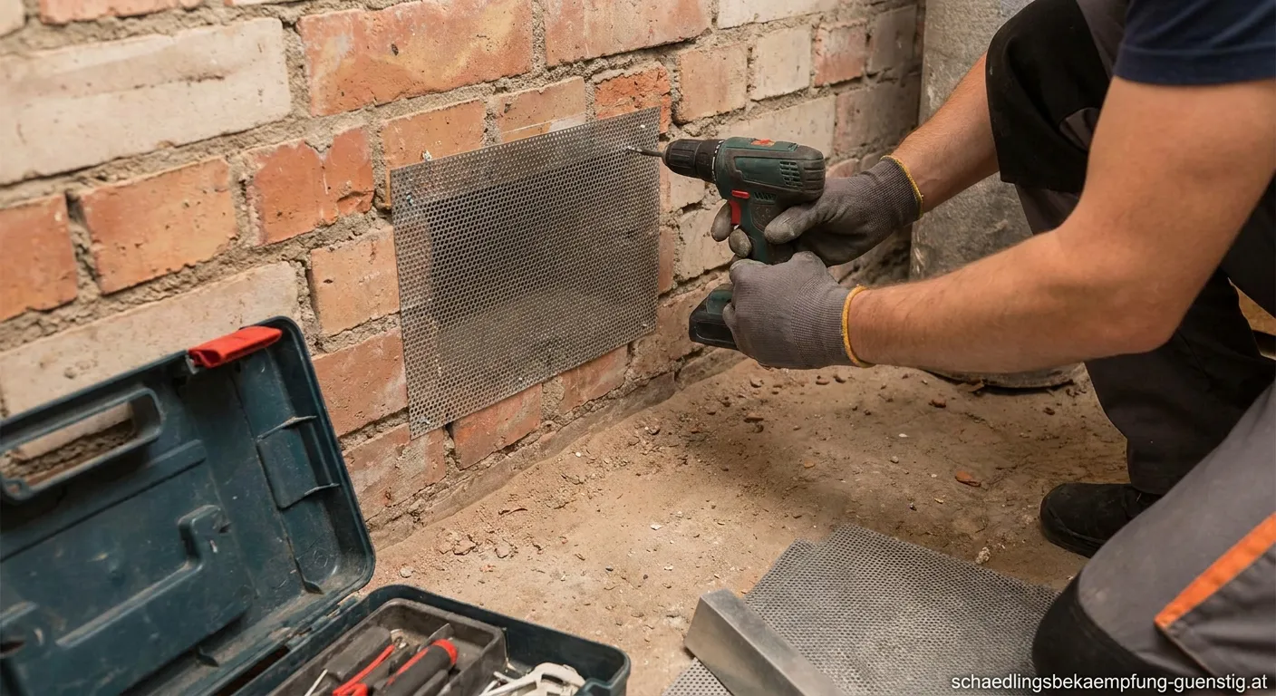 Montage von Ratten Lochblech an Gebäudeaußenwand