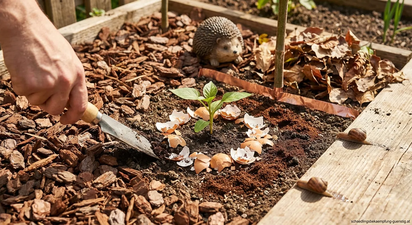 Nacktschnecke kriecht über feuchten Rindenmulch im Garten