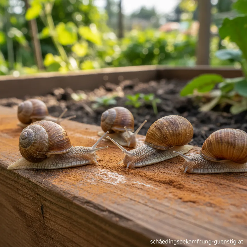 Eine Linie aus Zimtpulver auf der Gartenerde als Barriere gegen eine Nacktschnecke