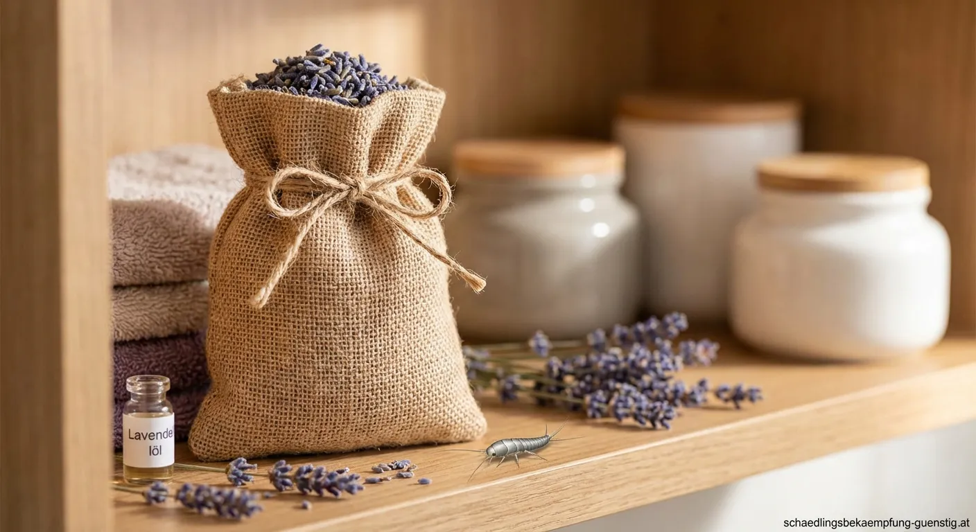 Getrockneter Lavendel und Lavendelöl gegen Silberfische auf einem Holztisch