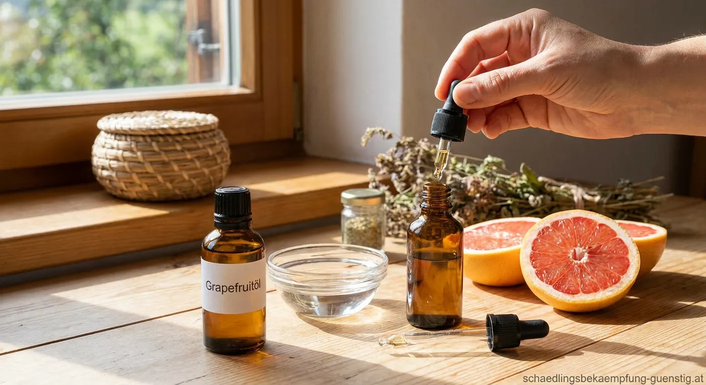 Flasche mit Grapefruitöl neben Zitrusfrüchten