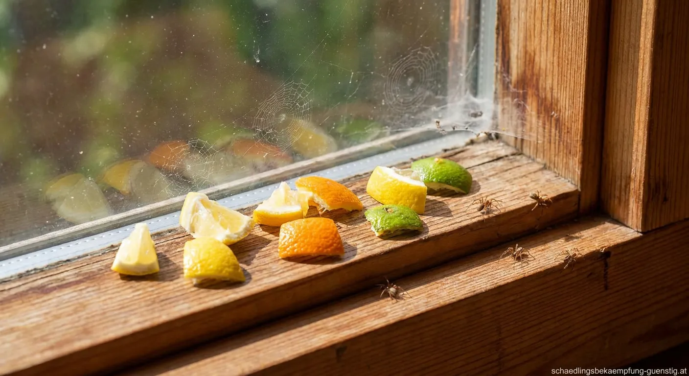 Zitronenschalen verteilt auf Fensterbank zur Spinnenabwehr