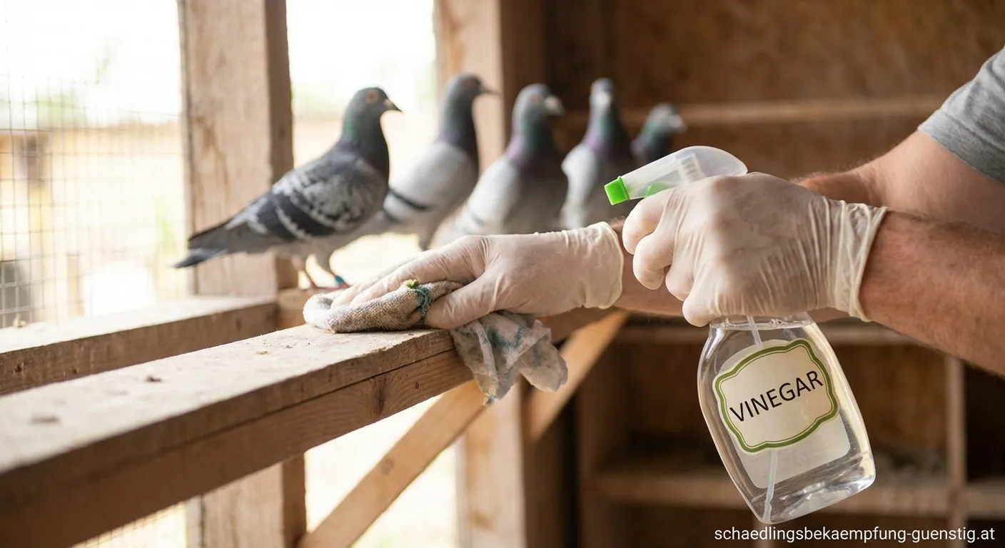 Reinigung von Taubenkot auf einem Balkon mit Essig und Bürste