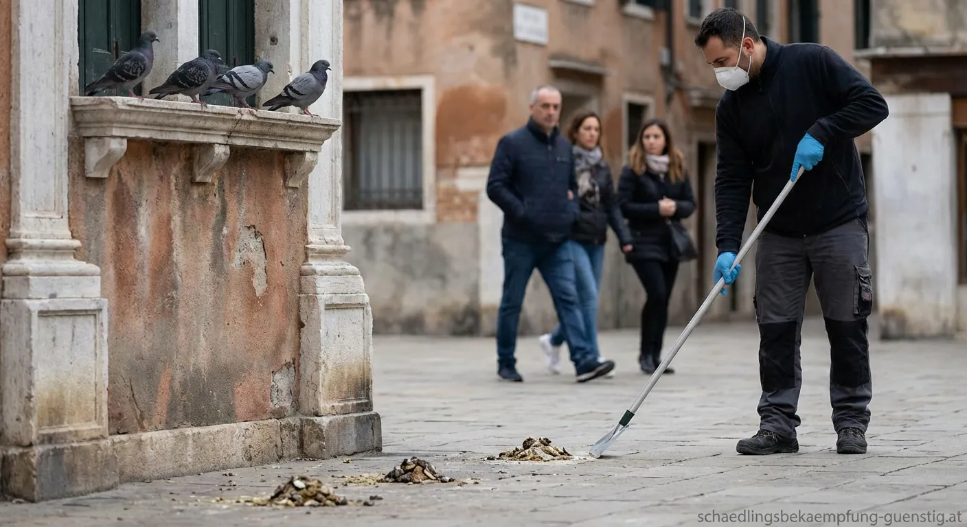 Taubenkot auf einem Balkongeländer als Gesundheitsgefahr