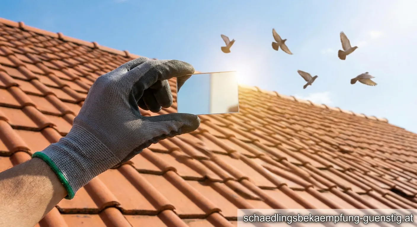 Reflektierende CDs zur Taubenabwehr am Balkon hängend