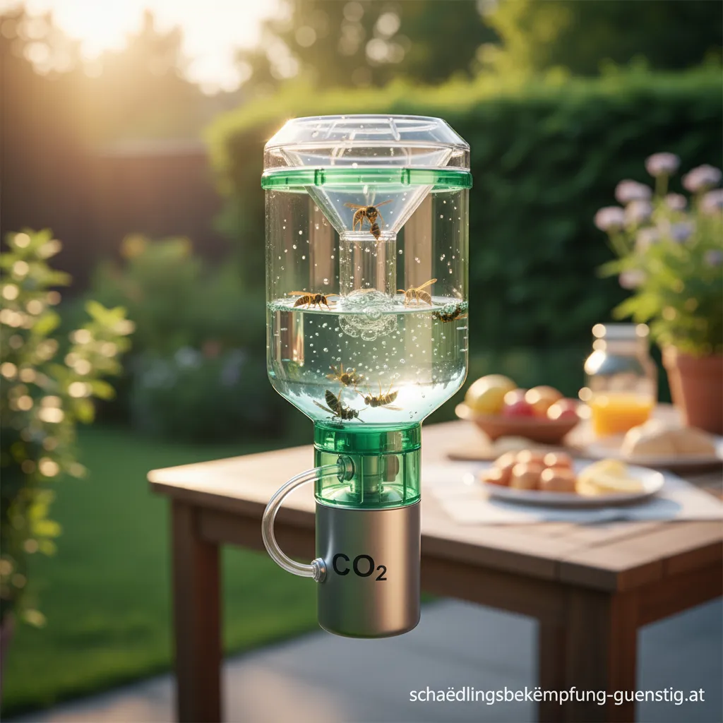 Eine moderne Wespen CO2 Falle im Einsatz auf einer Terrasse