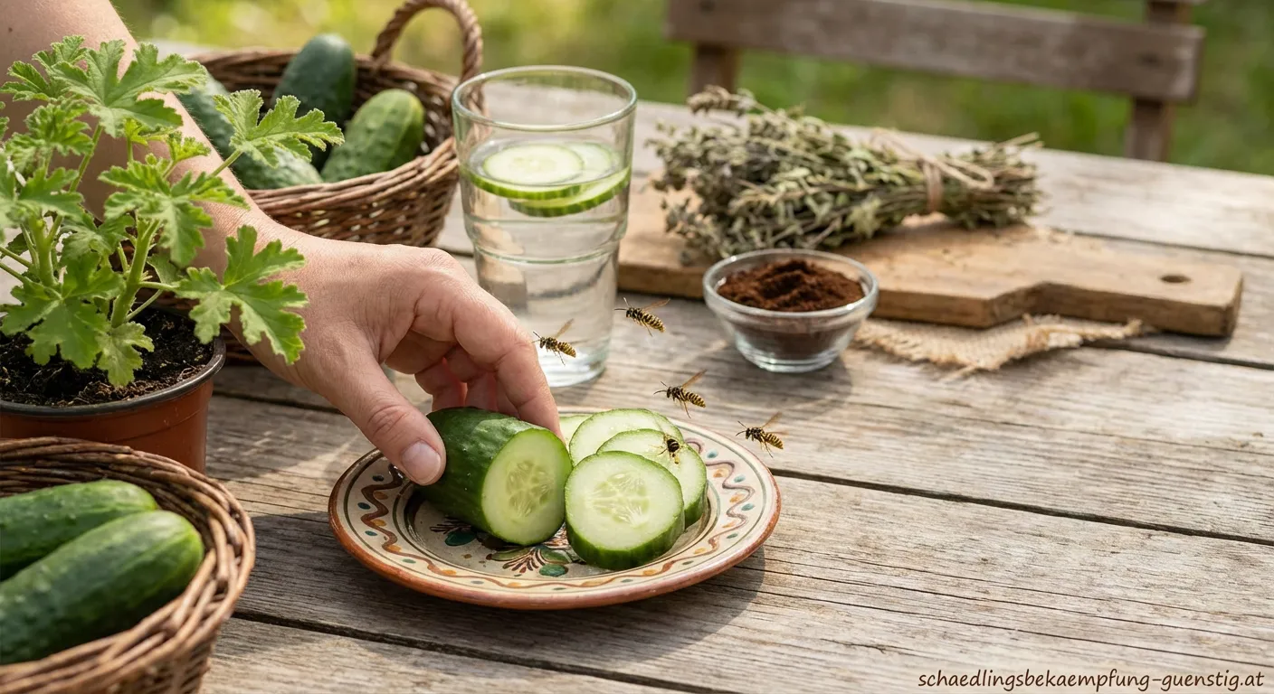 Frische Gurkenscheiben auf einem Teller zur Wespenabwehr im Garten
