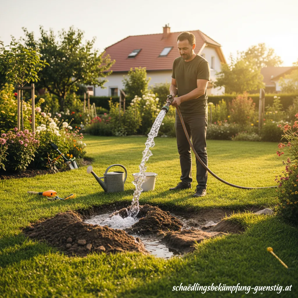 Wühlmausgänge im Garten werden mit einem Wasserschlauch geflutet